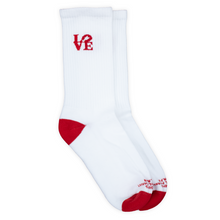 Load image into Gallery viewer, White socks with red accents and 'LOVE' text on a white background