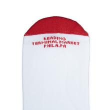 Load image into Gallery viewer, White sock with red top and text 'Reading Terminal Market Phila. PA' on a white background