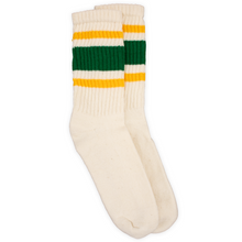 Load image into Gallery viewer, Pair of cream socks with green and yellow stripes on a white background

